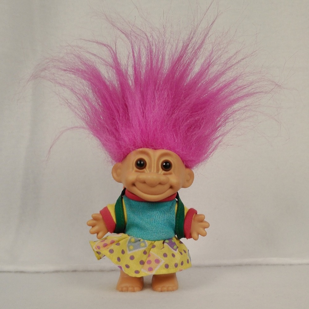 Vintage Russ‎ Troll Doll Pink Hair Yellow Skirt Backpack Toy Collectible